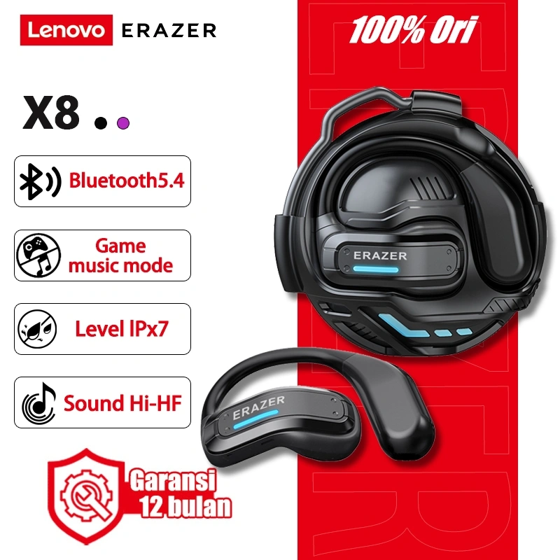 Lenovo ERAZER X8 Earphone Bluetooth 5.4 OWS dengan Mikrofon Headphone Olahraga Headphone Gaming Stereo Bass HiFi