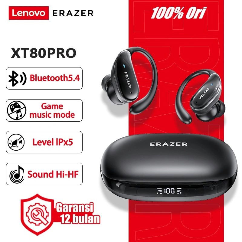 Lenovo ERAZER XT80PRO Earphone Nirkabel TWS Bluetooth 5.4 Earbud dengan Mikrofon Peredam Bising ENC IPX5 Tahan Air untuk Olahraga Lari