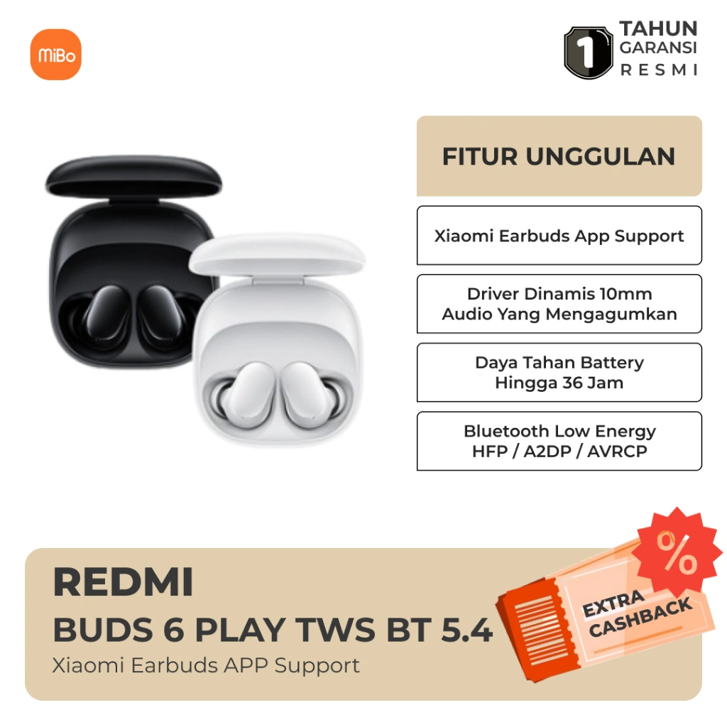 Xiaomi Redmi Buds 6 Play Bluetooth 5.4 Baterai Hingga 36 Jam Xiaomi Earbuds App Support Garansi Resmi