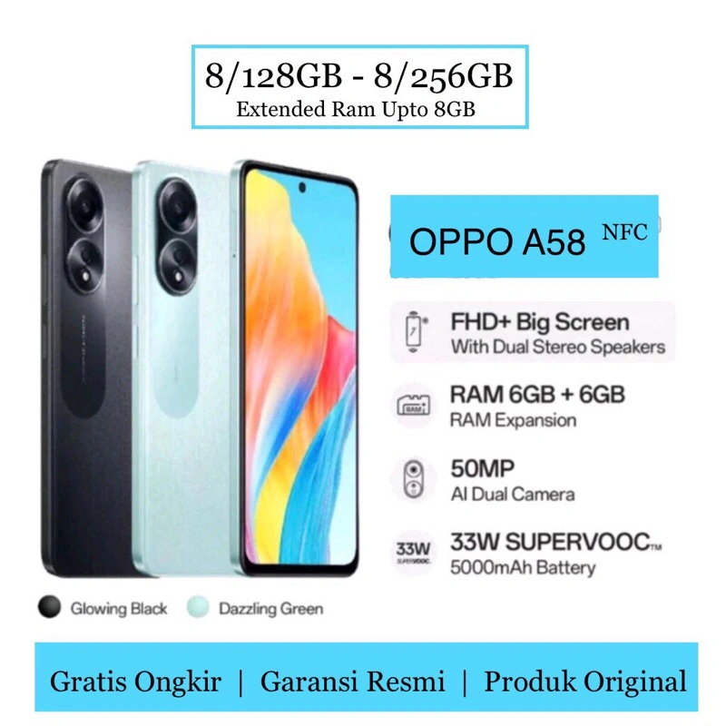 Smartphone A58 NFC (8GB/128GB) Extended RAM 8GB - Helio G85 - IP54 - Layar FHD+ 6.72" - Charging 33W SuperVOOC Garansi Resmi 1 Tahun
