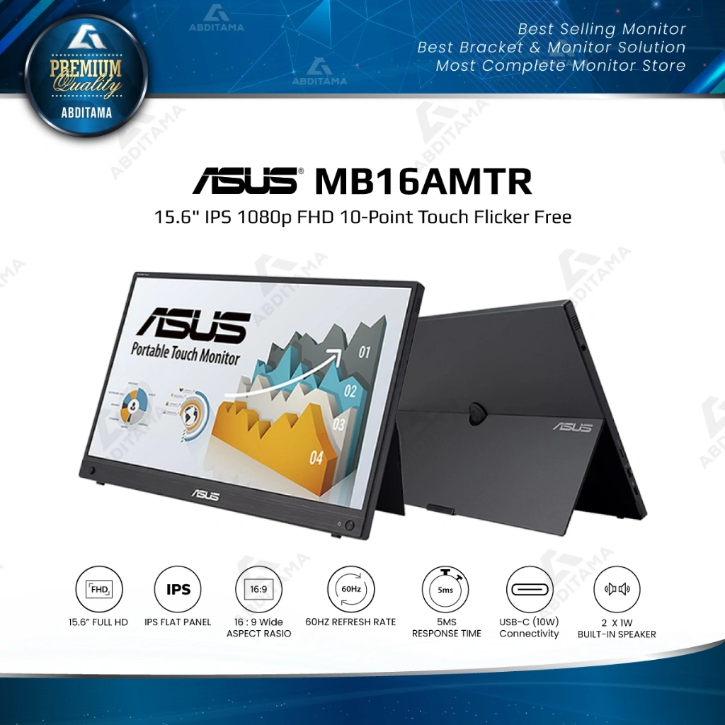 Monitor PortableASUS ZenScreen Touch MB16AMTR 15.6" IPS 1080p FHD 10-Point Touch, Built-in Battery 7800mAh Automatic Screen Orientation Hybrid Signal Solution ASUS Flicker Free Compatible with Laptops Smartphones and Game Consoles