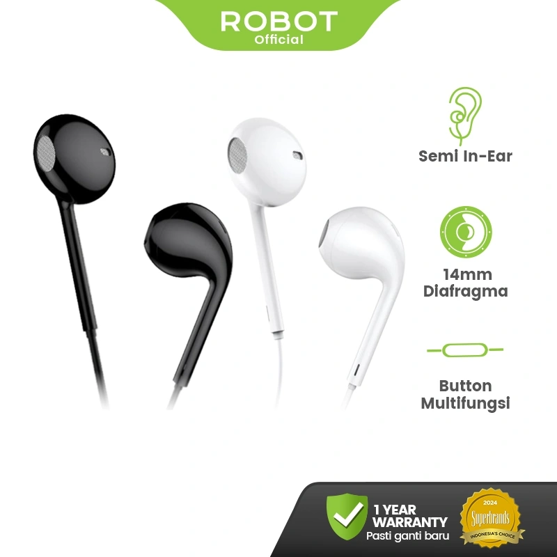 ROBOT RE10 Headset Kabel Earphone Bass Jernih Wired Earphone 3.5mm Audio Jack untuk Smartphone iPhone Samsung OPPO VIVO dengan Mic dan Tombol Multifungsi - Suara Nyata Original Garansi 1 Tahun