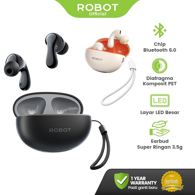 ROBOT Earphone Wireless Bluetooth 6.0 Suara Jernih Powerful Bass Pemakaian 37 Jam dengan Tampilan Daya LED TWS Original - Nova T3