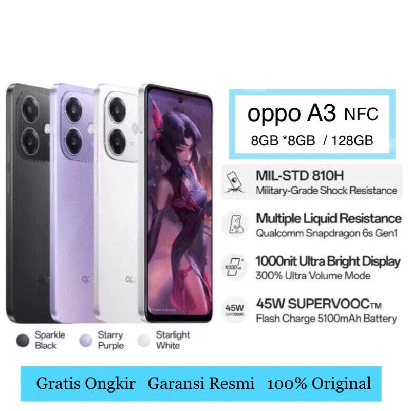 Smartphone A3 NFC [8GB/128GB] Extended RAM 8GB - MIL-STD 810H Grade Shock Resistance - Snapdragon 6S Gen1 - 5100mAh SuperVOOC 45W Garansi Resmi 1 Tahun