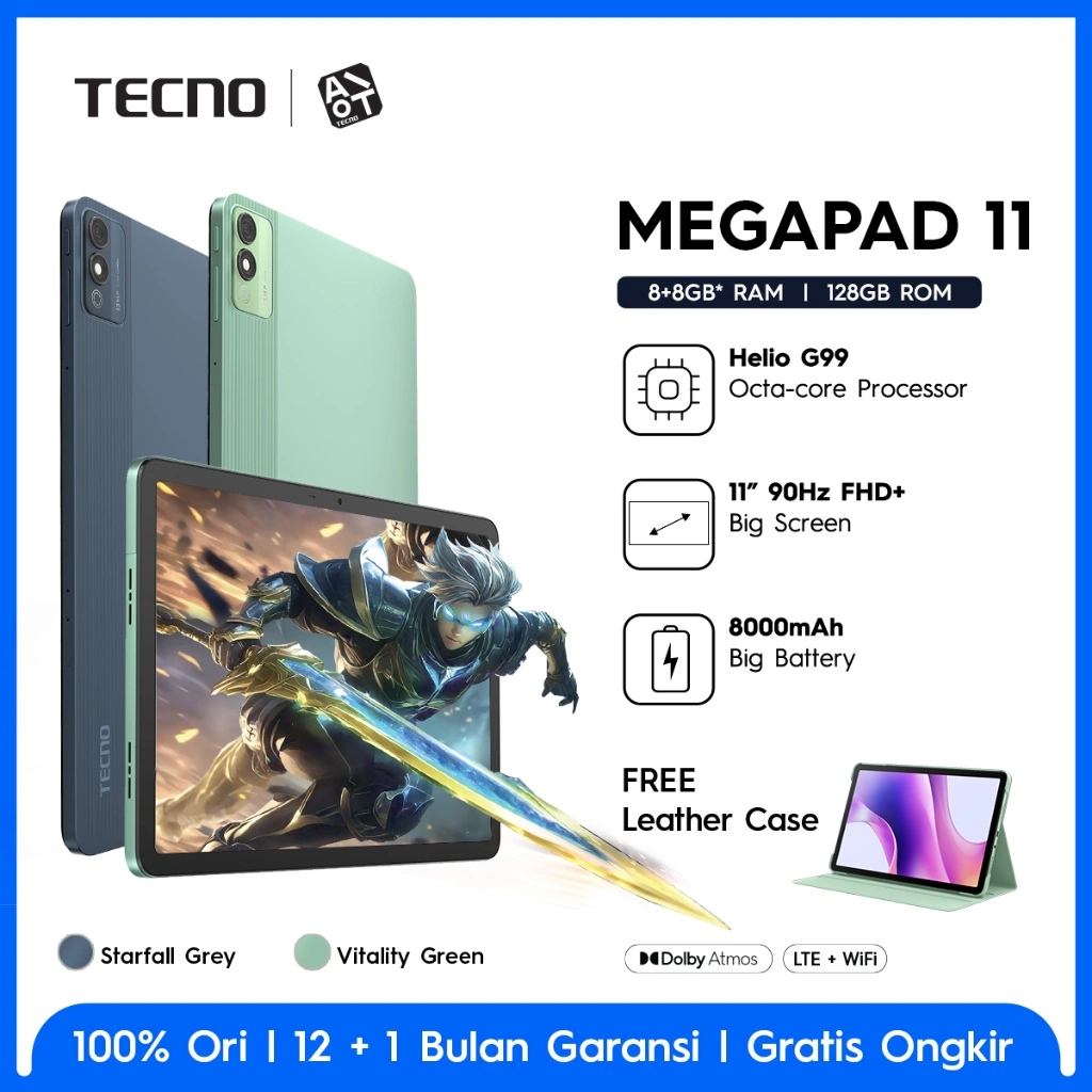 TECNO MEGAPAD 11 8+8GB*128GB, 11inch Ultra Screen with Eye Care Mode, Sim Card + T-Flash, 8000mAh, 18W Fast Charging, MediaTek Helio G99, Android 14