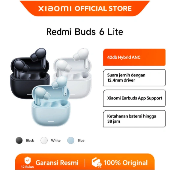 Xiaomi TWS Redmi Buds 6 Lite | Baterai hingga 38 Jam | 40db Hybrid ANC | AI Noise Cancellation