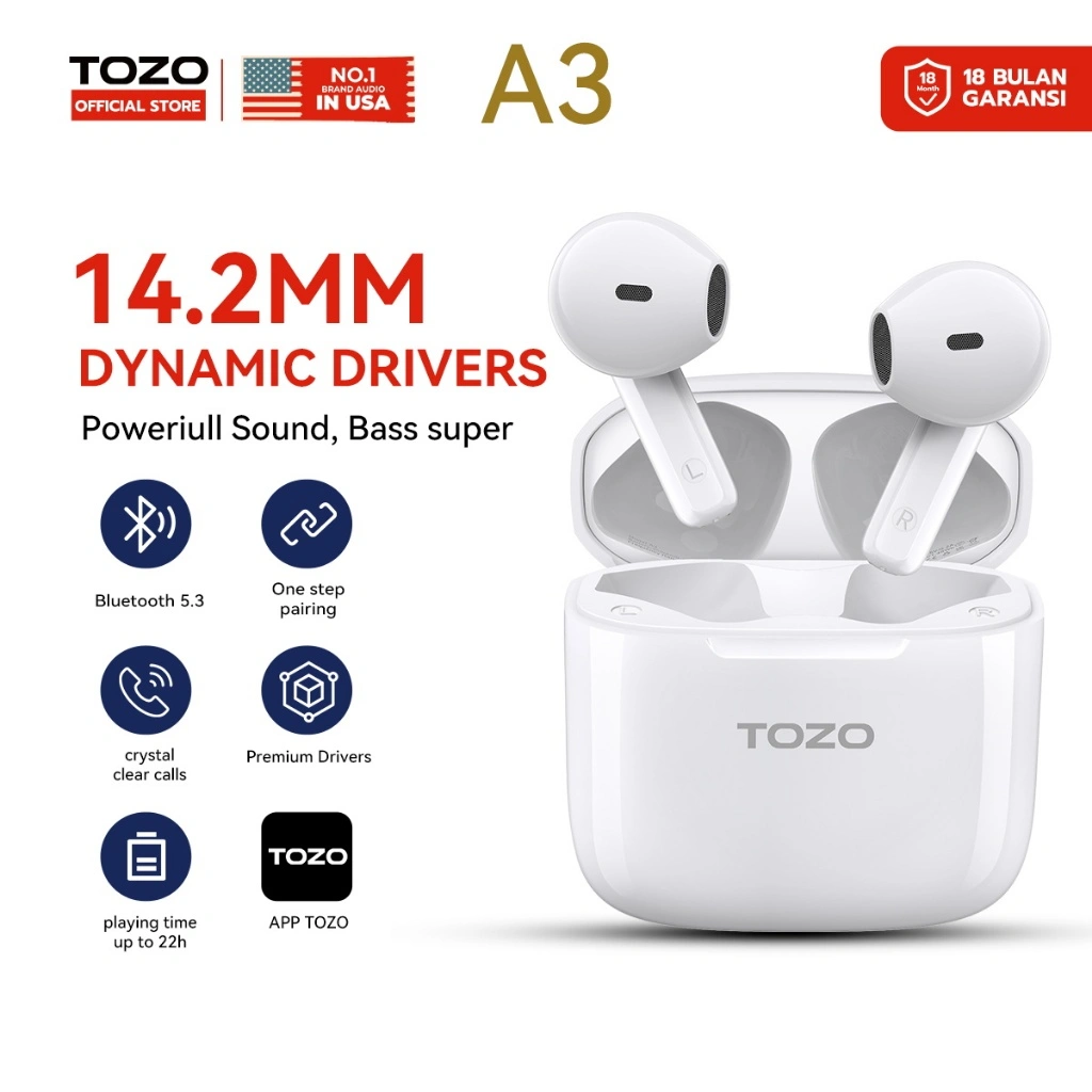 (14.2mm Driver lebar) TOZO A3 Upgraded Wireless Earbuds Bluetooth 5.3 Half in-Ear Lightweight Headsets with Digital Call Noise Reduction, Reset Button Hall Detection,Super Bass Premium Sound with Long Endurance TWS Anti Air Olahraga