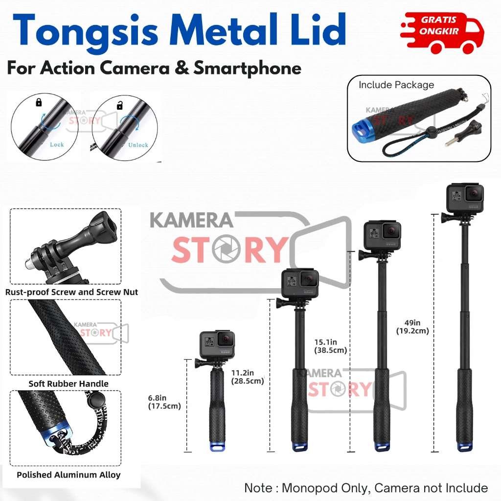 Monopod / Tongsis Metal Lid Pov Extendable Pole For Action Camera GoPro / Xiaomi Yi / Brica BPro / Akaso / Smartphone / Dji Osmo / Insta360 / Kogan 4K