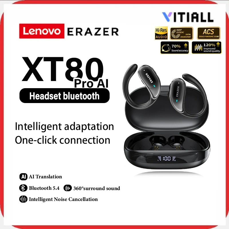 Lenovo ERAZER XT80 PRO TWS AI Smart Translation Headset Bluetooth 5.4 Wireless Earphone True Open Ear OWS LED Display Earbuds ANC Noise Reduction Sports VITIALL Headset Full Bass Earbuds HiFi Stereo Olahraga Headphone HD Calling With Mic