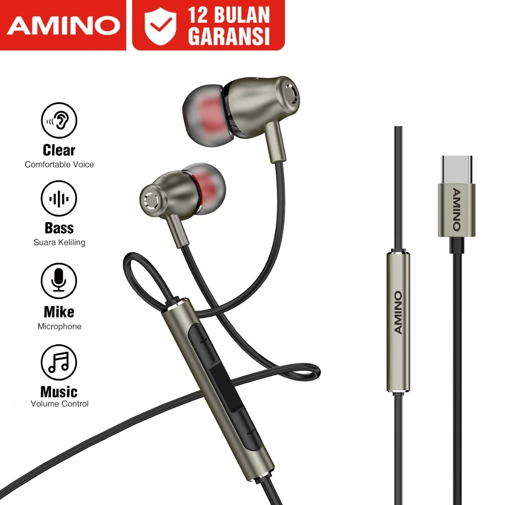 AMINO TYPE C Headset Handsfree Wired Earphone Mic TYPE-C Jack Microphone Headset Bass In Ear Stereo Android Untuk Iphone 15 Pro Max 16 Pro Max xiaomi oppo samsung vivo infinix EP08