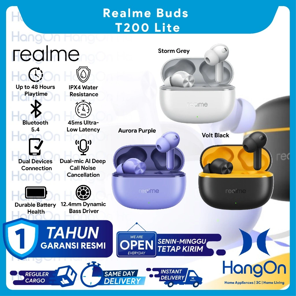 Realme Buds T200 Lite Wireless Earbuds Low Latency Dual - Mic AI Noise Cancellation 12.4mm Dynamic Bass TWS Earbud Waterproof IPX4 Water Resistance Earphone In Ear Bluetooth 5.4 Playtime Up to 48 Hours Playback T200Lite