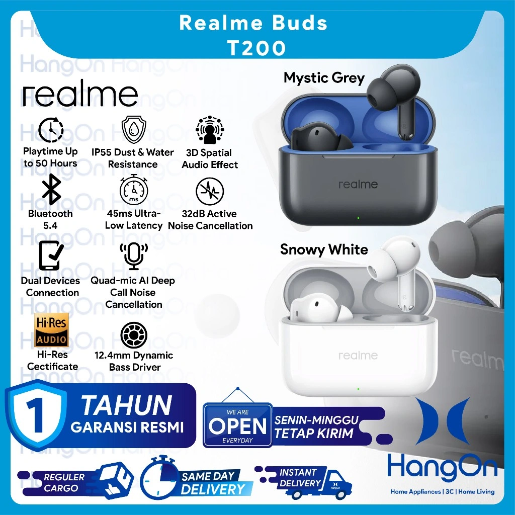 Realme Buds T200 Wireless Earbuds 45ms Low Latency Quad - Mic AI Noise Cancellation 12.4mm Dynamic Bass TWS Earbud Waterproof IP55 Dust & Water Resistance Earphone In Ear Bluetooth 5.4 Playtime Up to 50 Hours Playback