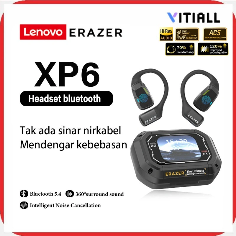 Lenovo ERAZER XP6 Headset Smart AI Earphone Bluetooth 5.4 TWS Open Ear OWS VITIALL Multifungsi Noise Reduction Headphone Super Bass Olahraga Gaming Musik Earbuds