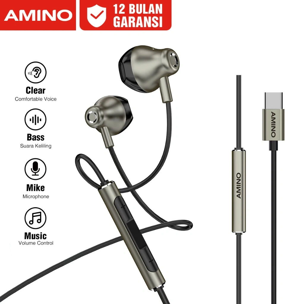 AMINO TYPE C Headset Handsfree Wired Earphone Mic TYPE-C Jack Microphone Headset Bass In Ear Stereo Android Untuk Iphone 15 Pro Max 16 Pro Max xiaomi oppo samsung vivo infinix EP09