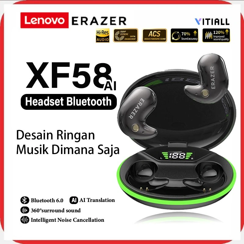 Lenovo ERAZER XF58 Smart Earphone Bluetooth Nirkabel In-Ear Sleep Earbuds dengan Layar LED, Headset Gaming & Olahraga, Peredam Bising, Bluetooth 5.4, Suara HiFi Stereo, Audio Dolby, Cocok untuk Android, iOS, PC & Kantor