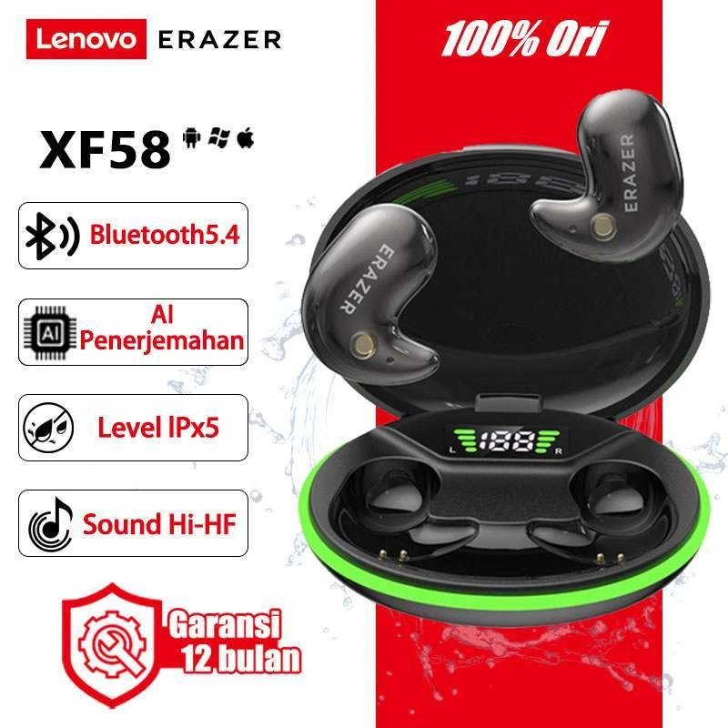 Lenovo ERAZER Office TWS Mini Super Bass XF58 True Wireless Earbuds Headset Bluetooth 5.4 Earbuds Earphone Earbud Bluetooth Terjemahan AI, Peredam Bising Cerdas, Latensi Rendah, Daya Tahan Baterai Lama