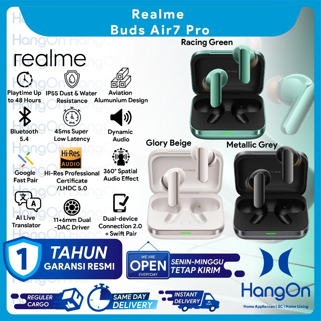 Realme Buds Air7 Pro Hi-Res LHDC 5.0 Wireless Earbuds AI Live Translator 45ms Low Latency 53dB Realtime Noice Cancellation 11+6mm Dual-DAC Driver TWS Earbud Waterproof IP55 Dust & Water Resistance Earphone In Ear Bluetooth 5.4 Playtime Up to 48 Hours Play