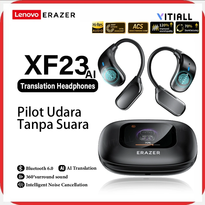 Lenovo ERAZER XF23 Multifungsi Headset Smart AI Wireless Earphone Bluetooth 5.4 VITIALL OWS Open Ear TWS Bone Conduction  Headphone HiFi Stereo Super Bass Noise Reduction Multi-language Translation Headset Desinfeksi UV
