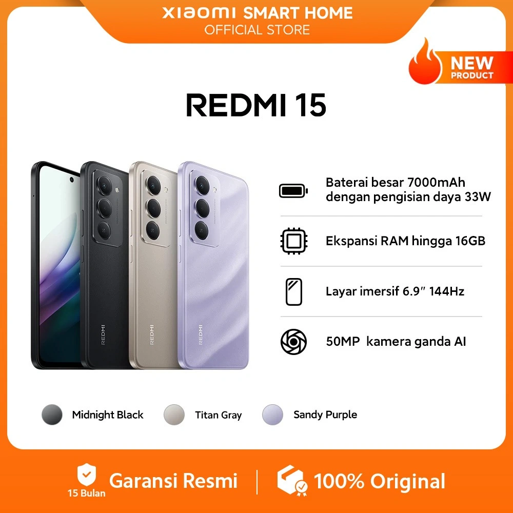 Xiaomi Redmi 15 (8GB/128GB) (8GB/256GB) Baterai besar 7000mAh dengan pengisian daya 33W | Ekspansi RAM hingga 16GB | Layar imersif 6.9" 144Hz | 50MP  kamera ganda AI [Official Store]