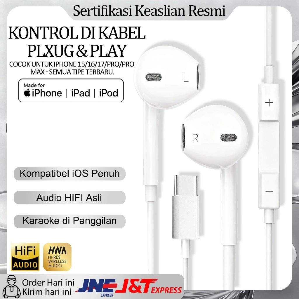 Earphone Kabel Apple Original 100% | Type-C & Lightning | Kompatibel untuk iPhone 8-17 Pro Max, iPad, AirPods | Garansi Resmi 2 Tahun