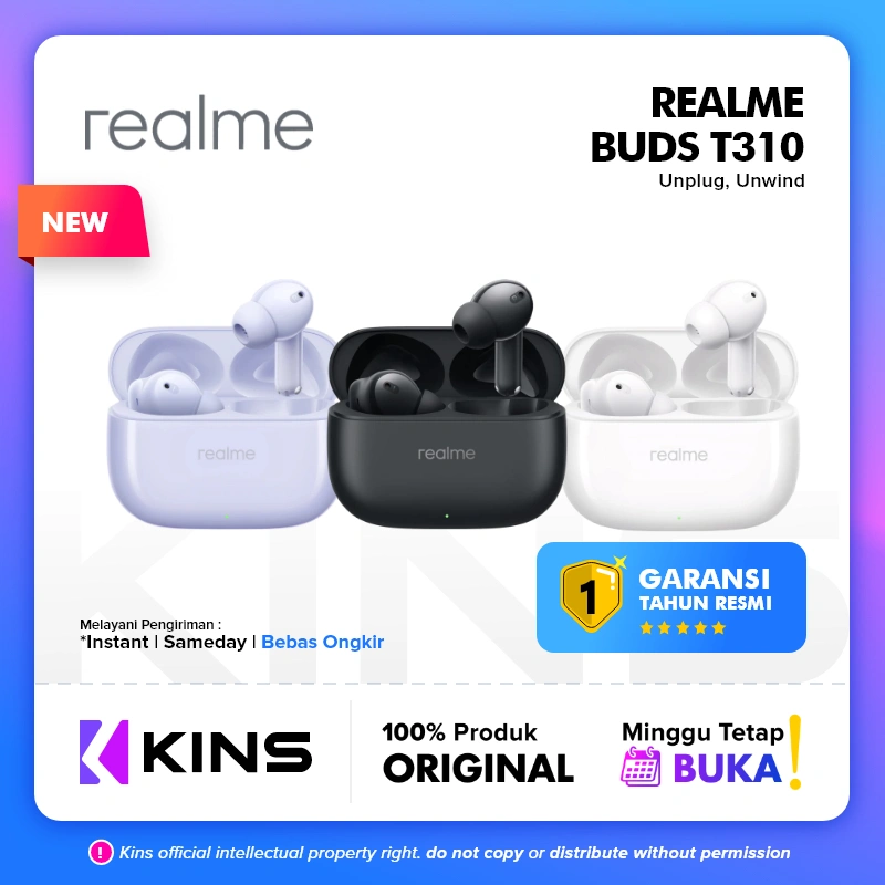 Realme Buds T310 Wireless Earbuds 45ms Low Latency 46dB Hybrid Noice Cancellation 12.4mm Dynamic Bass TWS Earbud Waterproof IP55 Dust & Water Resistance Earphone In Ear Bluetooth 5.4 Playtime Up to 40 Hours Playback