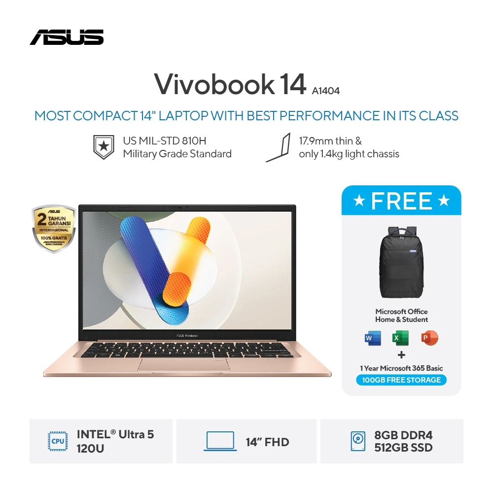 [FREE MOUSE] ASUS Vivobook 14 A1404VAP-VIPS5852M - Terra Cotta [Intel Core 5 Processor 120U / Intel Graphics / 8GB / 512GB / 14inch / WIN11 / OHS24 / M365]