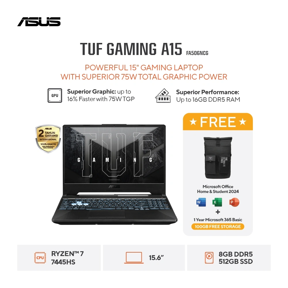 [FREE MOUSE] ASUS TUF Gaming A15 FA506NCG-R735B1T-HM- Graphite Black [AMD Ryzen  7 7445HS Processor /  NVIDIA GeForce RTX 3050 / 8GB / 512GB / 15.6inch / WIN11 / OHS24 / M365]