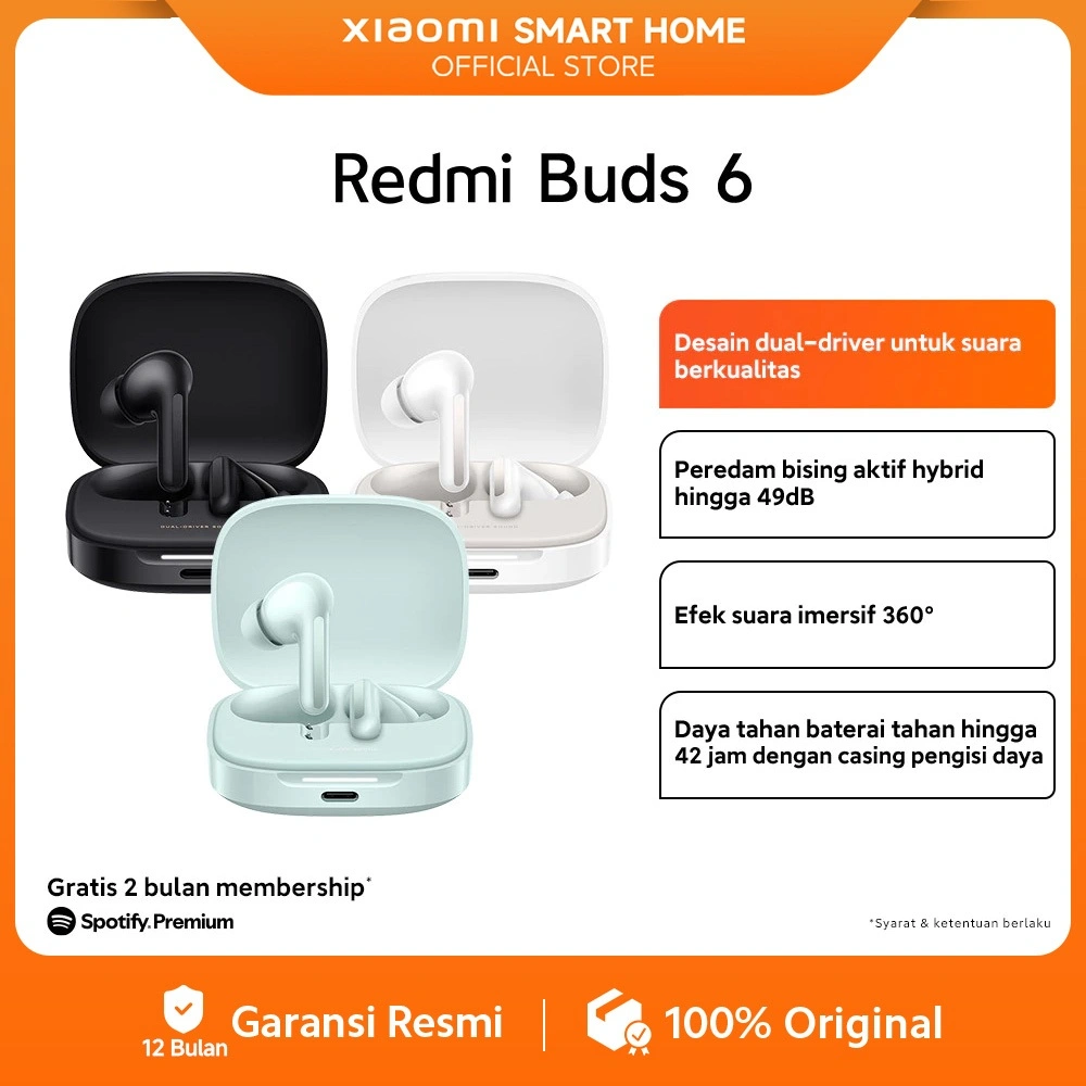 Xiaomi Redmi Buds 6 | Desain akustik dual-driver | Peredam bising hingga 49 dB | efek suara imersif 360° | Baterai hingga 48 Jam [Official Store]