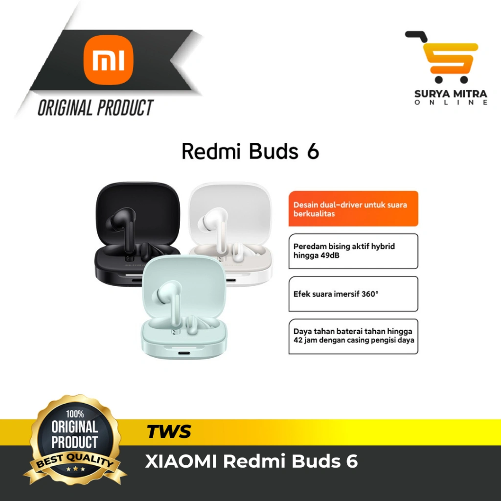 Xiaomi Redmi Buds 6 | Dual Driver | Hybrid Noice Cancelation 49dB | Baterai Hingga 42 Jam