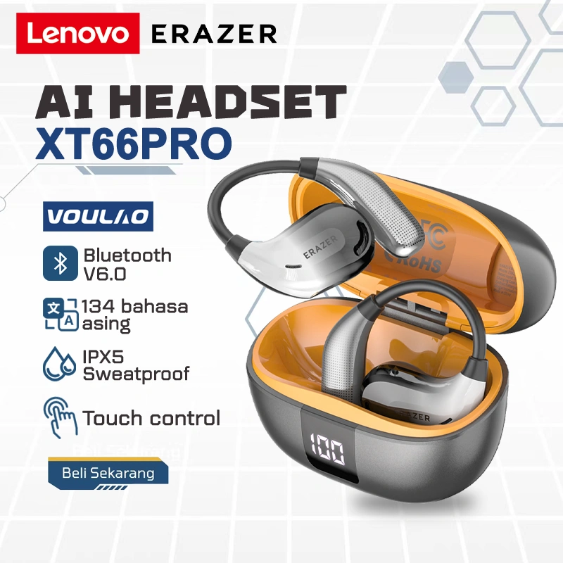 VOULAO X Lenovo ERAZER XT66PRO True Wireless Bluetooth Headset V5.4 Headset bluetooth terjemahan AI OWS TWS earbuds tws earhook Open Ear earphone Sport Earphone headset olahraga earphone sport IPX5 HI-FI Bass