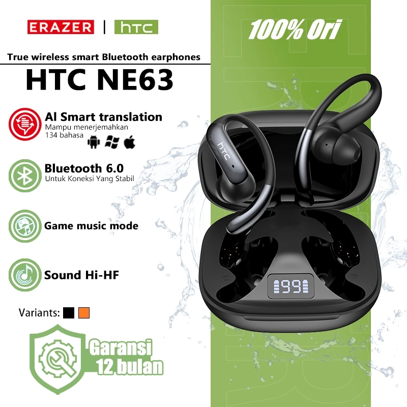 ERAZER & HTC NE63 Headset Wireless Bluetooth TWS Open Ear Earbud Smart AI Terjemahan Noise Cancelling HiFi Bass Rendah Latensi Cocok Musik Gaming Sport Ringan Nyaman Dipakai Lama