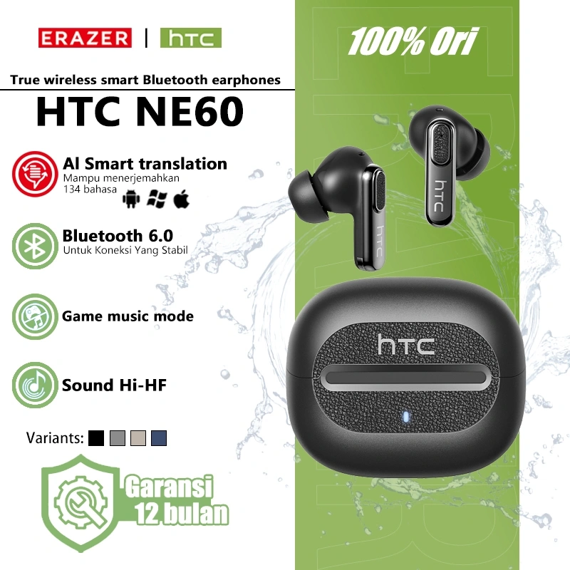 ERAZER & HTC NE60 Headset In Ear Wireless Bluetooth 6.0 AI Terjemahan Smart Noise Cancelling HiFi Stereo Bass Jernih TWS Desain Bisnis Elegan Premium Cocok Meeting Kerja Office Profesional Stabil Koneksi Nyaman Dipakai Lama Air: IPX5