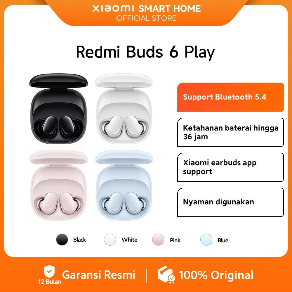 Xiaomi Redmi Buds 6 Play | Bluetooth 5.4 | Baterai Hingga 36 Jam | Xiaomi Earbuds App Support | Nyaman Digunakan [Official Store]