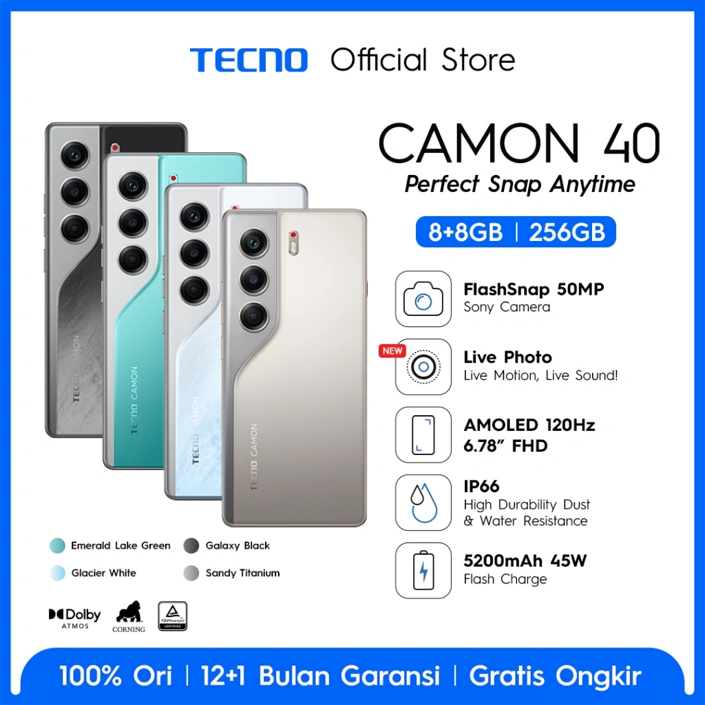 [FLASHSNAP] TECNO CAMON 40 8+8GB*256 GB, 50MP Sony + 8MP Ultra Wide Camera, 32MP Front Camera, 120hz AMOLED, IP66, 5200mAh, 45W