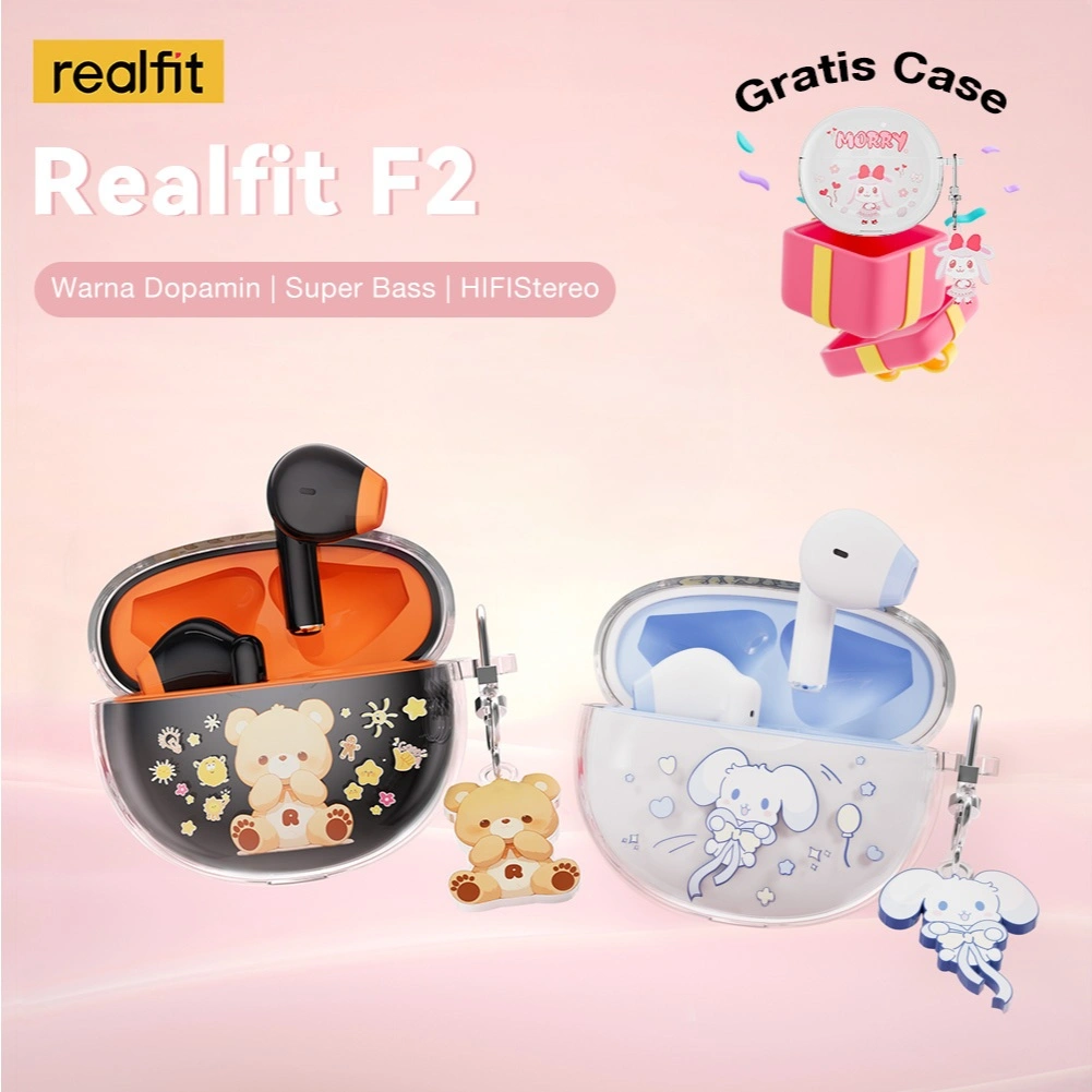 [ Cace Gratis ] Realfit F2 Bluetooth Earphone Bass Luar Biasa Earbud Nirkabel dengan Mikrofon Headset Warna-warni yang Serasi Pemutaran Lama 5 Jam Case Gratis