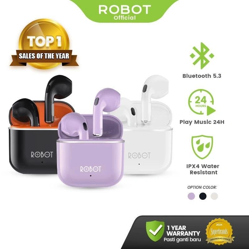 Robot TWS Wireless Earphone Airbuds New T50S Original BT 6.0 True Wireless Headset Bluetooth Earbuds IPX4 WaterProof - Garansi 1 Tahun