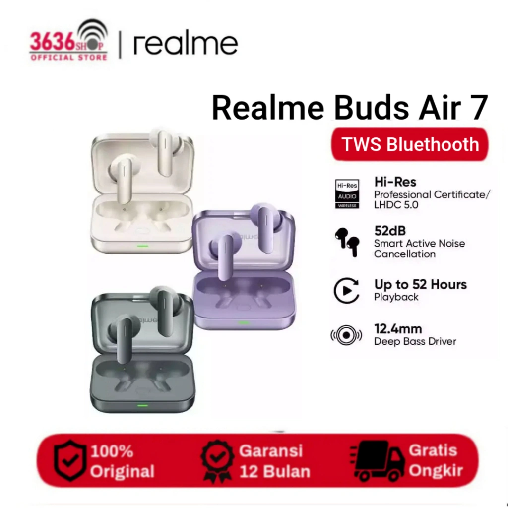 realme Buds Air 7 (12.4mm Deep Bass Driver | 52dB Smart Active Noise Cancellation | Up to 52 Hours of Playback Garansi Resmi