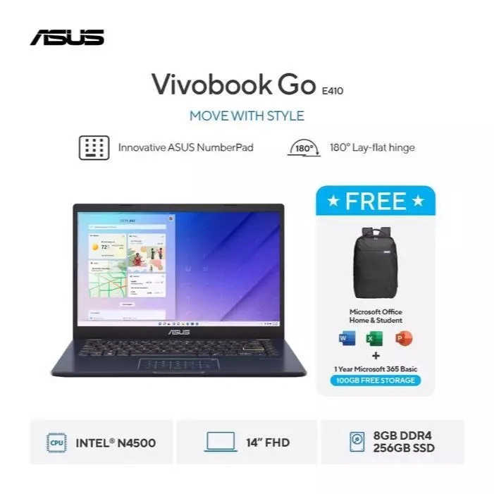 [BEST SELLER] ASUS Laptop Vivobook Go 14 E410KA [Intel Celeron N4500 / Intel UHD Graphics / 8GB / 256GB / 14inch / WIN11 / OHS24 / M365]