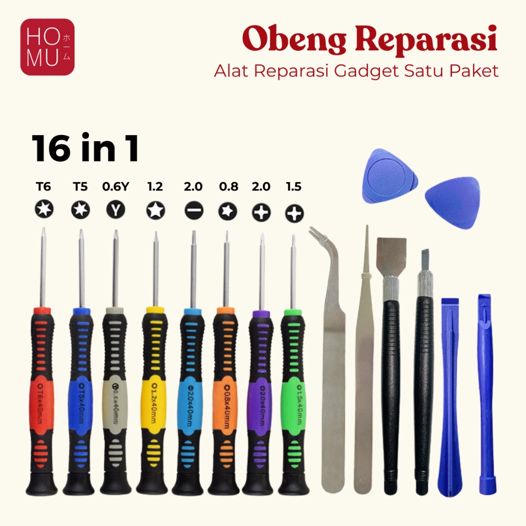 HOMU 16 in 1 Obeng Set Reparasi Handphone / Set Obeng Smartphone Iphone Samsung OPPO VIVO Tool Kit