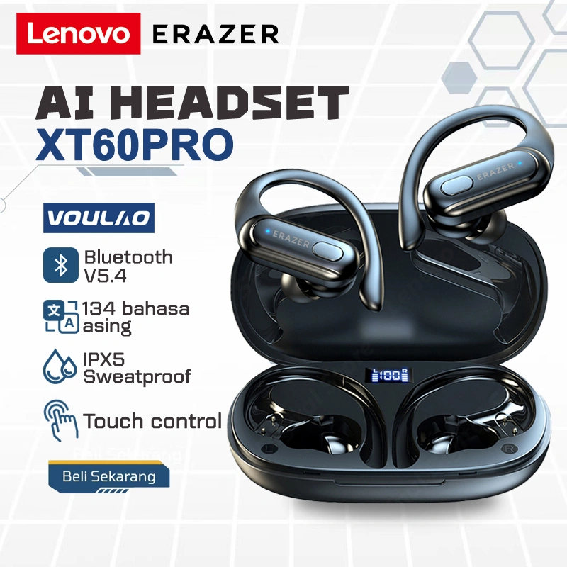 Lenovo ERAZER XT60PRO Headset terjemahan AI True Wireless Bluetooth V5.4 Earphone Earbuds In-ear TWS HIFI Stereo headset olahraga With Mic-VOULAO OWS TWS Open Ear earphone earphone sport IPX5 Bass