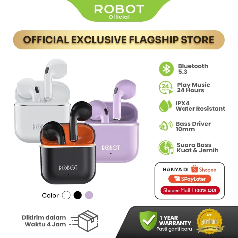 Robot TWS Wireless Earphone Airbuds T50S Original BT 6.0 True Wireless Headset Bluetooth Earbuds IPX4 WaterProof - Garansi 1 Tahun