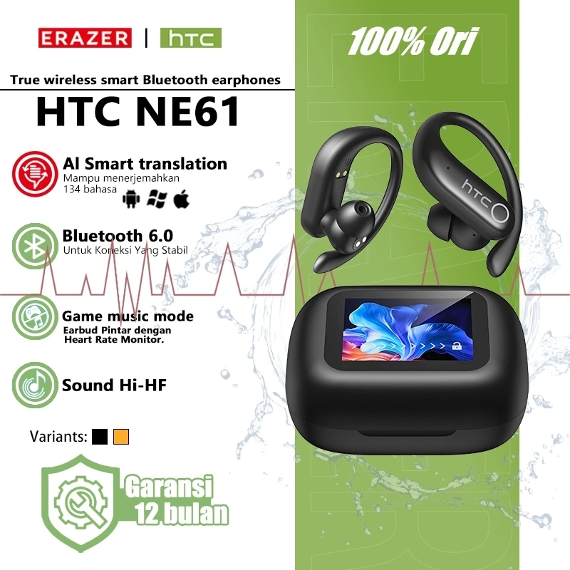 ERAZER & HTC NE61 Headset Wireless Bluetooth 6.0 TWS Smart Earphone AI Translate Heart Rate Monitor Open Fit Sport Musik Noise Cancelling HiFi Stereo Low Latency Waterproof Mini Buds Cocok untuk Lari Gym Gaming