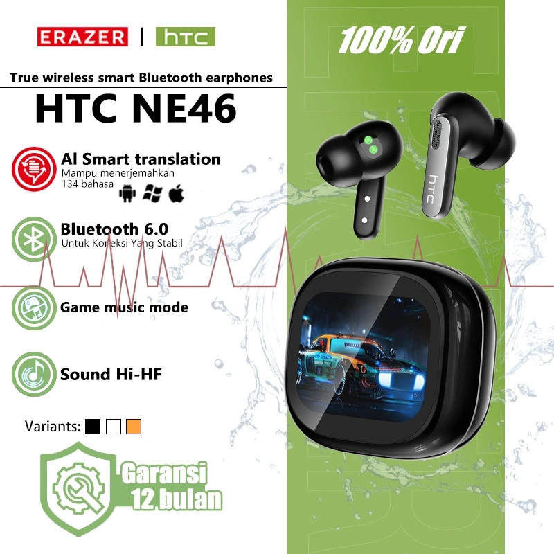 ERAZER & HTC NE46 Heart Rate Monitor InEar Headset Bluetooth 6.0 TWS Earphones Noise Cancelling Deep Bass HiFi Audio IPX5  Long Battery Sport Fit Smart Sensor Ergonomic Design Stable Connection Low Latency Call Mic