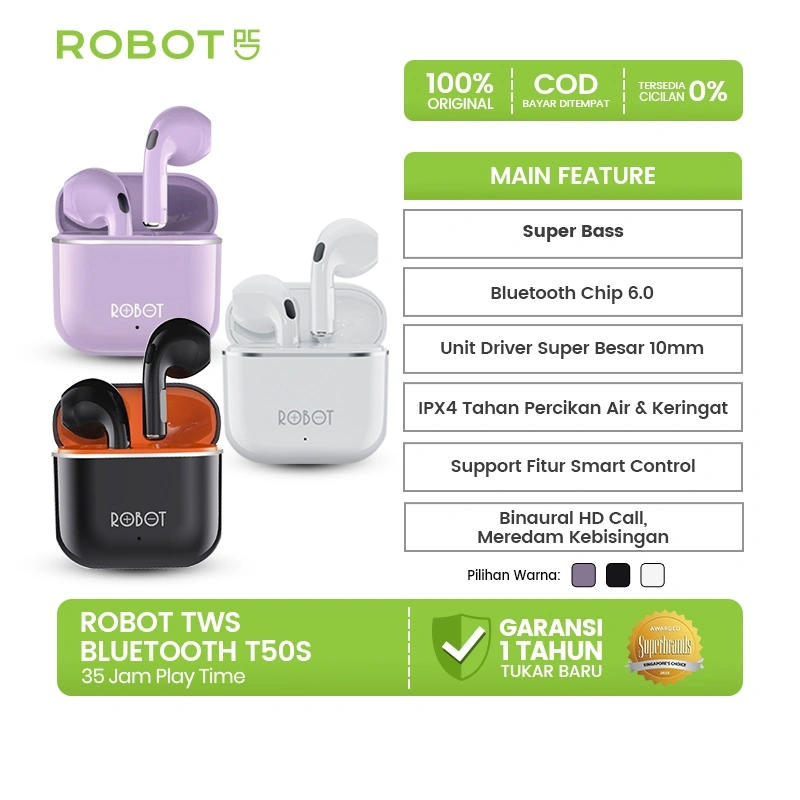 [ TERLARIS ] ROBOT Earbuds Wireless Bluetooth 5.3 TWS Airbuds Bass Kuat, Low Latency, Smart Touch Control, Tahan Percikan Air, Audio Jernih Stereo, Earbud Nirkabel Original, Cocok untuk Musik & Game Original - T50S