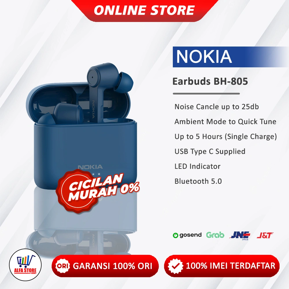 Nokia Earbuds BH-805 Noise Cancelling, 5 Jam Pemutaran, Baterai 400 mAh