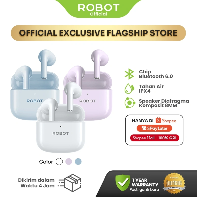 [SPECIAL LAUNCH] Robot TWS Wireless Earphone Airbuds Enco Buds 4 Original BT 6.0 True Wireless Headset Bluetooth Earbuds IPX4 Waterproof – Garansi 1 Tahun
