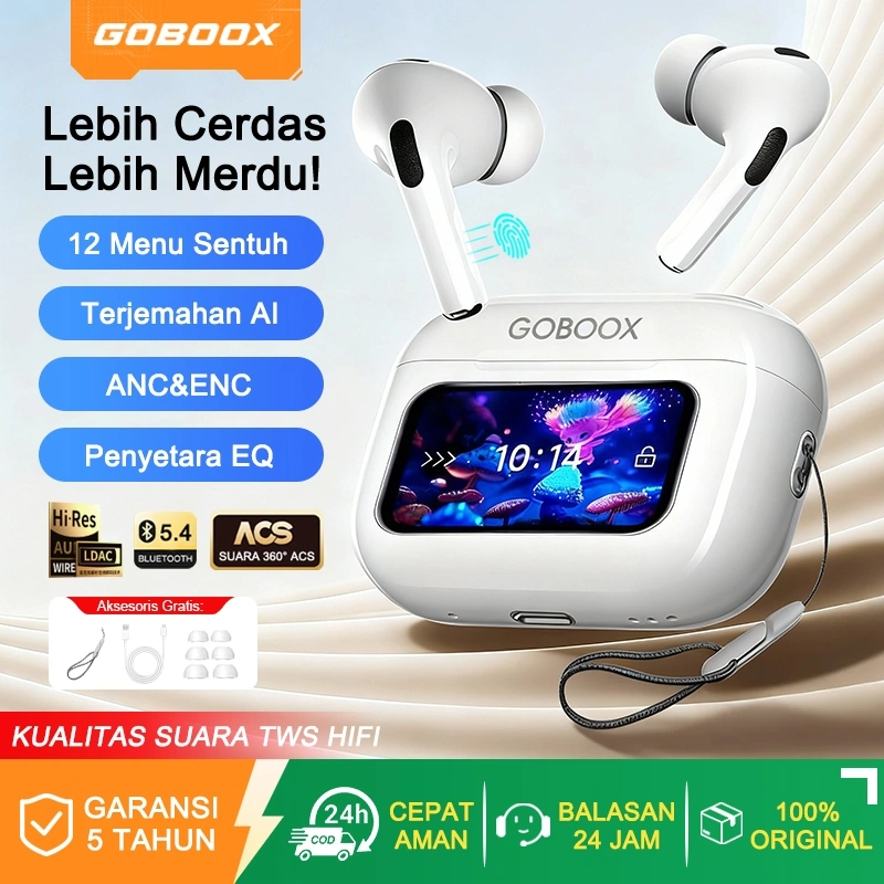 GOBOOX Headset Earphone TWS Bluetooth 5.4 Wireless / Terjemahan AI / ANC&ENC / 12 Menu Sentuh / EQ Equalizer / Super Full Bass / Suara Sekitar 360° / IPX5 Tahan Air (Free: 1 Lanyard + 6 Earplugs)