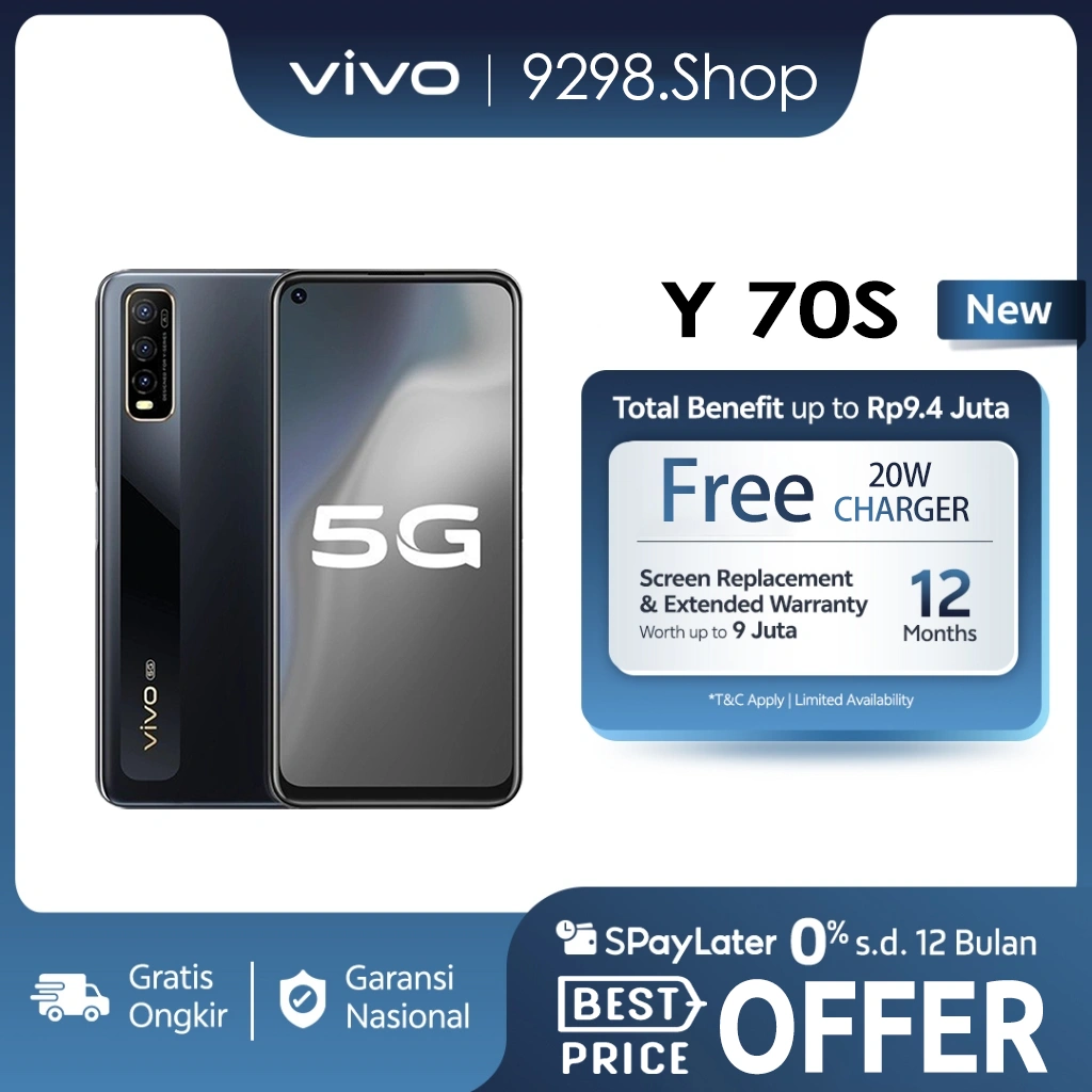 Vivo Y70s 5G RAM 8/256GB 4G LET 6.53 inci 48MP+16MP Smartphone Dual SIM Handphone Garansi Toko