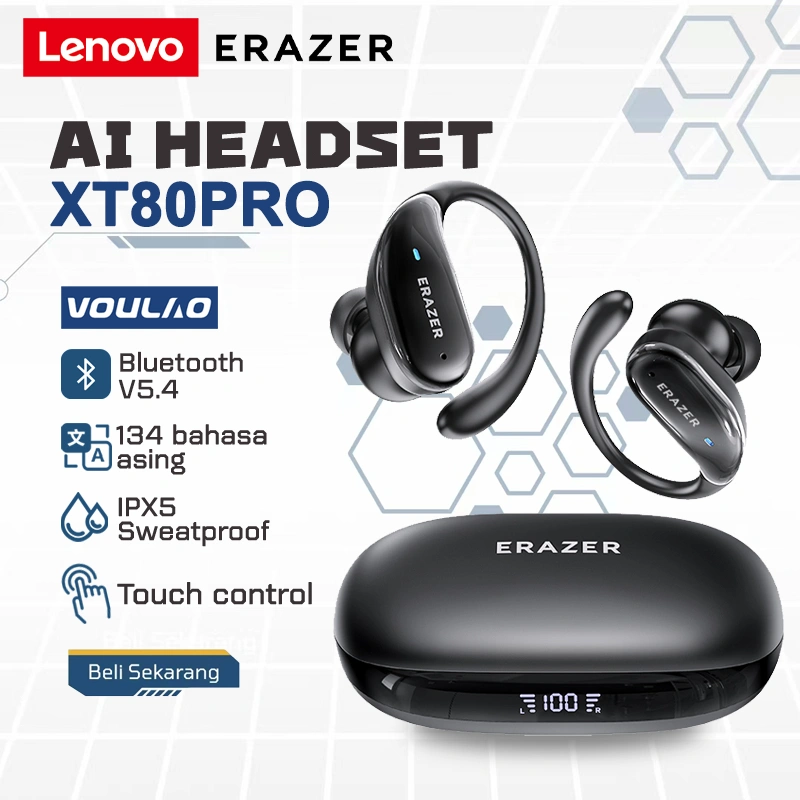 Lenovo ERAZER XT80PRO Original True Wireless Bluetooth V5.4 In-Ear TWS Headset terjemahan AI Earphone IPX5 Waterproof Sport Handset TWS HiFi Stereo Earbuds With Mic tws earhook headset olahraga Bass