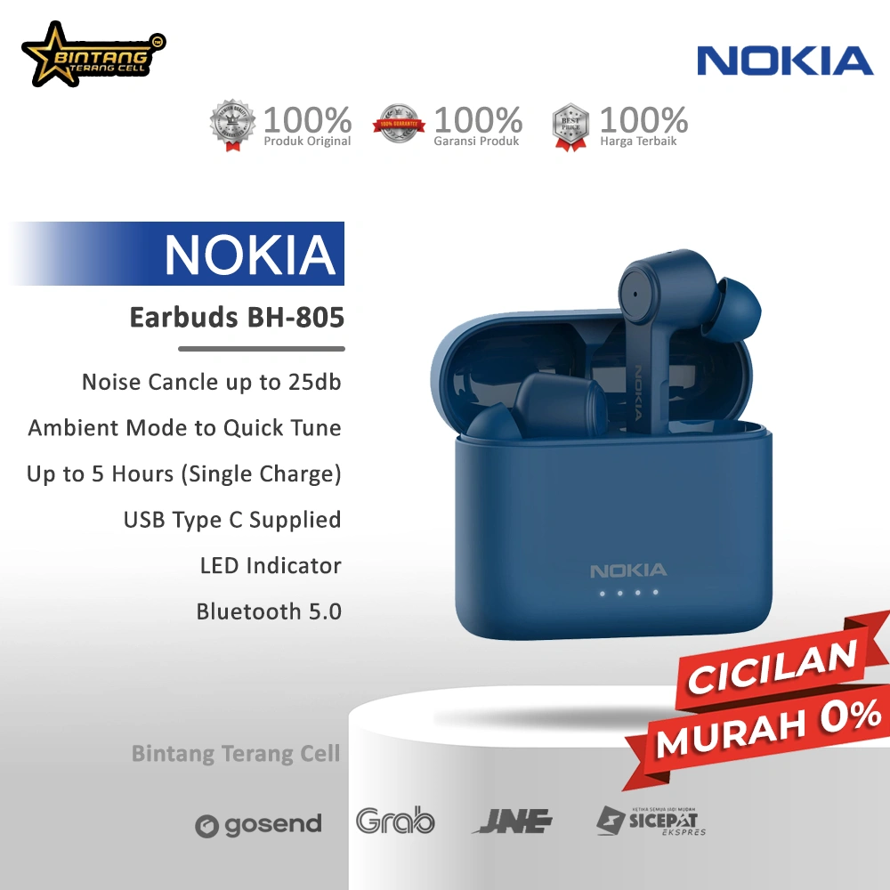 Nokia Earbuds BH-805 Noise Cancelling, 5 Jam Pemutaran, Baterai 400 mAh